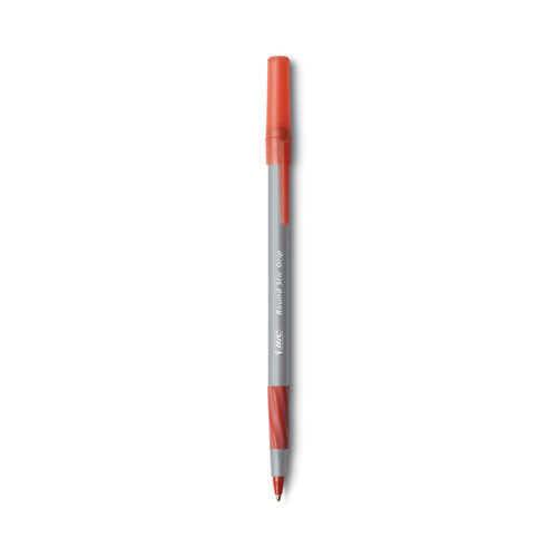 BiC - Round Stic Grip Xtra Comfort Ballpoint Pen, Easy-Glide System, Stick, Medium 1.2 mm, Red Ink, Gray/Red Barrel, Dozen