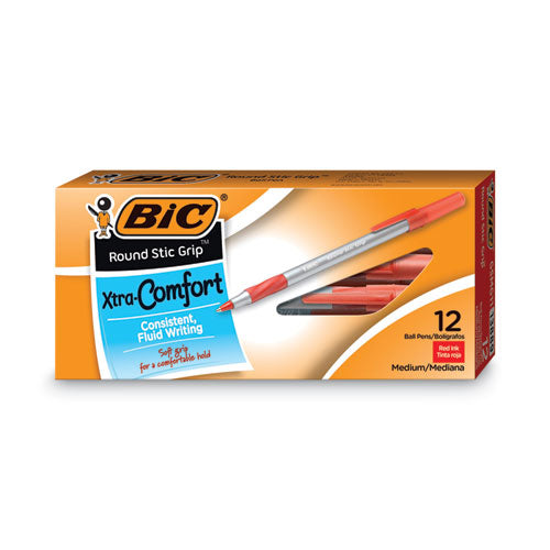 BiC - Round Stic Grip Xtra Comfort Ballpoint Pen, Easy-Glide System, Stick, Medium 1.2 mm, Red Ink, Gray/Red Barrel, Dozen