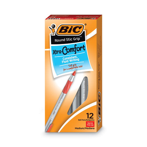 BiC - Round Stic Grip Xtra Comfort Ballpoint Pen, Easy-Glide System, Stick, Medium 1.2 mm, Red Ink, Gray/Red Barrel, Dozen
