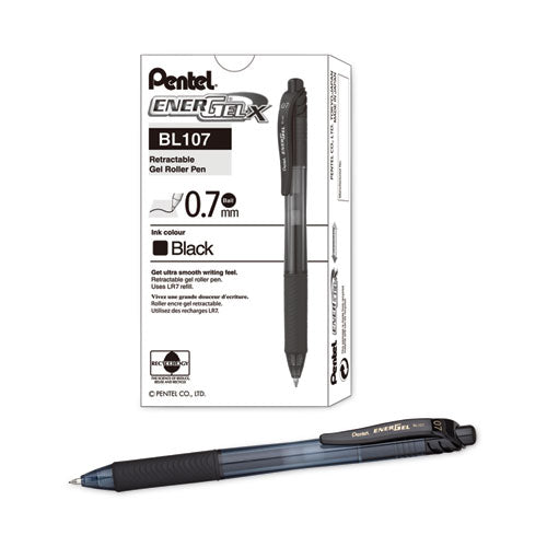 Pantel - EnerGel-X Gel Pen, Retractable, Medium 0.7 mm, Black Ink, Smoke/Black Barrel, Dozen