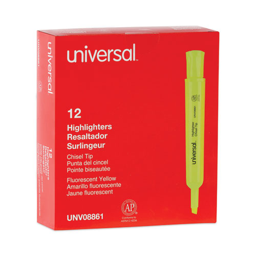 Universal - Desk Highlighters, Fluorescent Yellow Ink, Chisel Tip, Yellow Barrel, Dozen