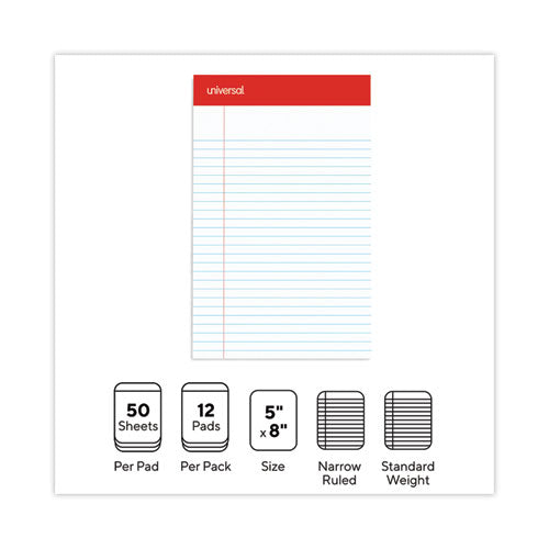 Universal - Perforated Ruled Writing Pads, Narrow Rule, Red Headband, 50 White 5 x 8 Sheets, Dozen