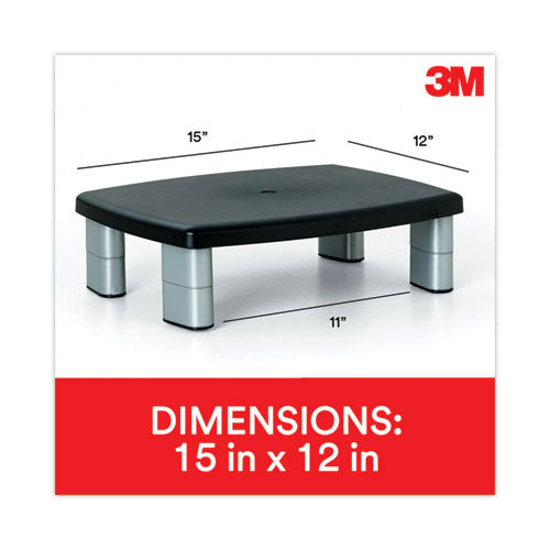 3M - Adjustable Height Monitor Stand, 15" x 12" x 2.63" to 5.78", Black/Silver, Supports 80 lbs
