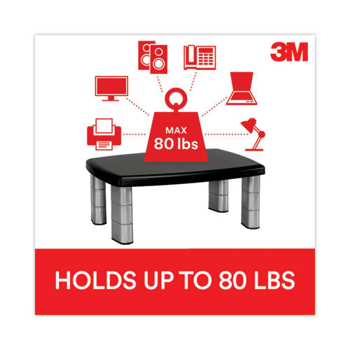 3M - Adjustable Height Monitor Stand, 15" x 12" x 2.63" to 5.78", Black/Silver, Supports 80 lbs