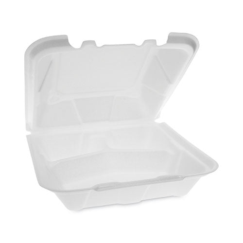 Pactiv Evergreen - Vented Foam Hinged Lid Container, Dual Tab Lock, 3 Compartments, 9.13 x 9 x 3.25, White, 150/Carton