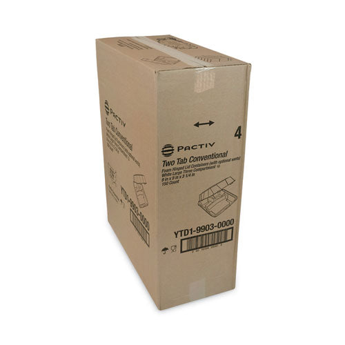 Pactiv Evergreen - Vented Foam Hinged Lid Container, Dual Tab Lock, 3 Compartments, 9.13 x 9 x 3.25, White, 150/Carton