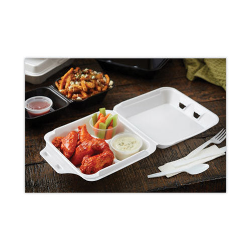 Pactiv Evergreen - Vented Foam Hinged Lid Container, Dual Tab Lock, 3 Compartments, 9.13 x 9 x 3.25, White, 150/Carton