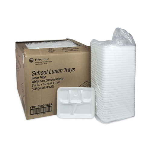 Pactiv Evergreen - Foam School Trays, 5-Compartment Tray, 8.25 x 10.5 x 1, White, 500/Carton