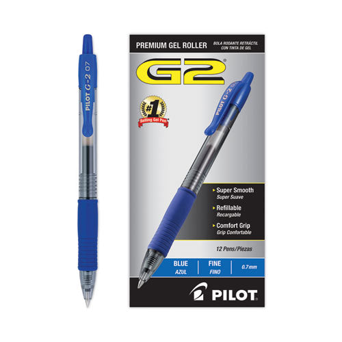 Pilot - G2 Premium Gel Pen, Retractable, Fine 0.7 mm, Blue Ink, Smoke/Blue Barrel, 12/Pack