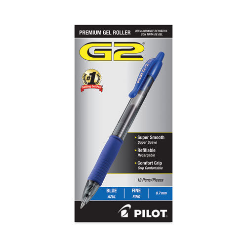 Pilot - G2 Premium Gel Pen, Retractable, Fine 0.7 mm, Blue Ink, Smoke/Blue Barrel, 12/Pack