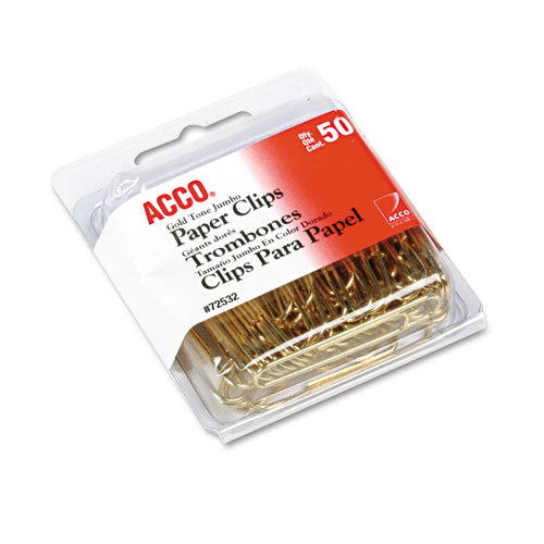 Acco - Gold Tone Paper Clips, Jumbo, Smooth, Gold, 50/Box
