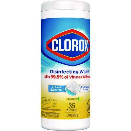 Clorox - Disinfecting Wipes, Bleach Free Cleaning Wipes, 1-Ply, 7 x 8, Crisp Lemon, White, 35/Canister, 12 Canisters/Carton