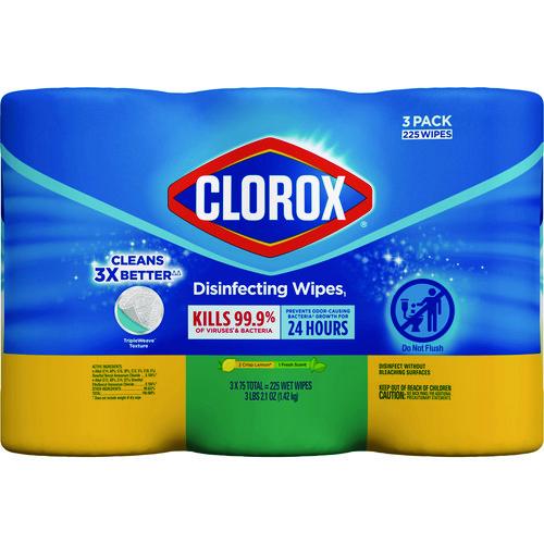 Clorox - Disinfecting Wipes, Value Pack, Bleach Free Cleaning Wipes, 1-Ply, 7x8, Fresh Scent/Citrus Blend, White, 75/Canister, 3/Pack