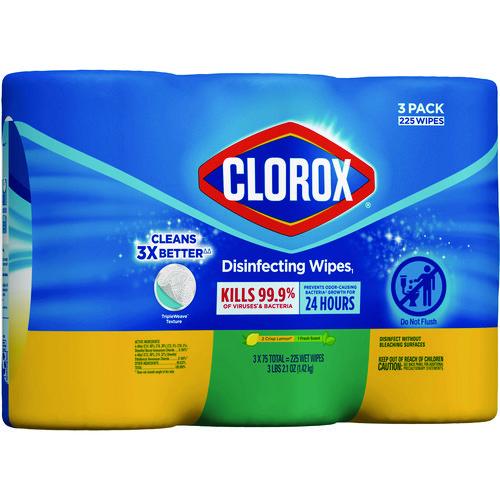 Clorox - Disinfecting Wipes, Value Pack, Bleach Free Cleaning Wipes, 1-Ply, 7x8, Fresh Scent/Citrus Blend, White, 75/Canister, 3/Pack
