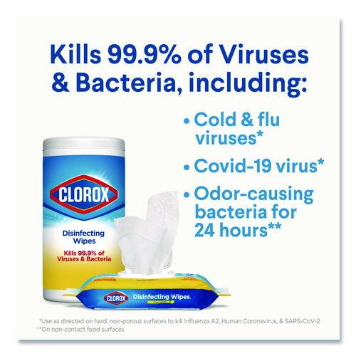 Clorox - Disinfecting Wipes, Bleach Free Cleaning Wipes, 1-Ply, 7 x 7.75, Crisp Lemon, White, 75/Canister, 6 Canisters/Carton