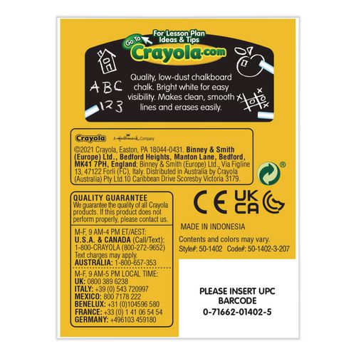 Crayola - Nontoxic Anti-Dust Chalk, 3" x 0.31" Diameter, White, 12 Sticks/Box