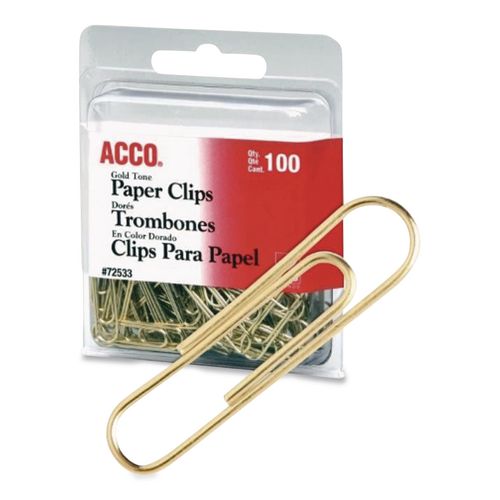 Acco - Gold Tone Paper Clips, #2, Smooth, Gold, 100/Box