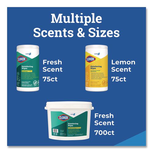 Clorox - Disinfecting Wipes, 1-Ply, 7 x 8, Lemon Fresh, White, 75/Canister, 6/Carton