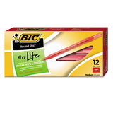 BiC - Round Stic Xtra Life Ballpoint Pen, Stick, Medium 1 mm, Red Ink, Translucent Red Barrel, Dozen