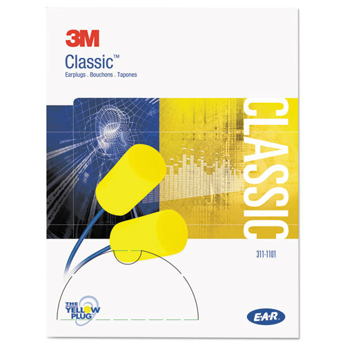3M - E-A-R Classic Earplugs, Corded, PVC Foam, Yellow, 200 Pairs/Box