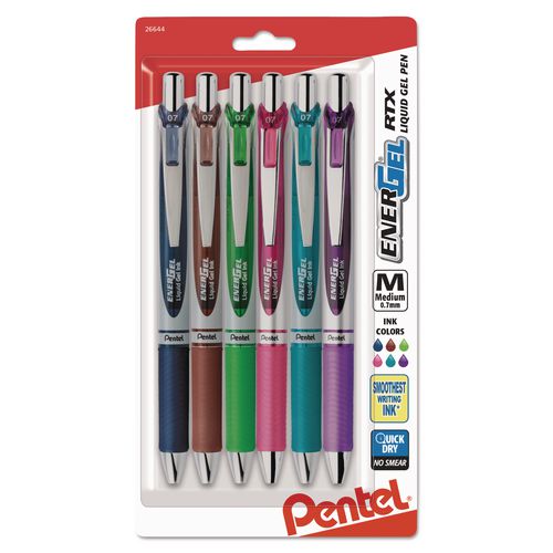 Pantel - EnerGel RTX Gel Pen, Retractable, Medium 0.7 mm, Assorted Ink and Barrel Colors, 6/Pack