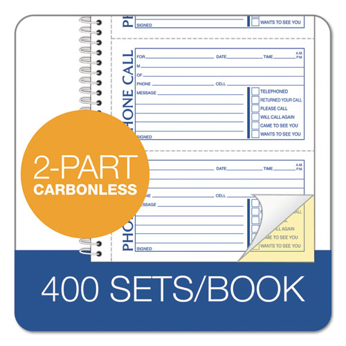 TOPS - Second Nature Phone Call Book, Two-Part Carbonless, 5 x 2.75, 4 Forms/Sheet, 400 Forms Total