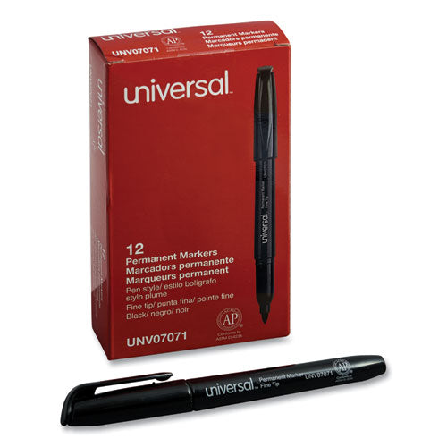 Universal - Pen-Style Permanent Marker, Fine Bullet Tip, Black, Dozen