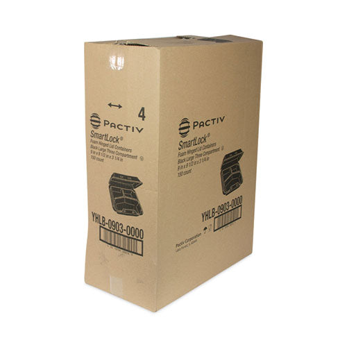 Pactiv Evergreen - SmartLock Foam Hinged Lid Container, Large, 3 Compartments, 9 x 9.5 x 3.25, Black, 150/Carton