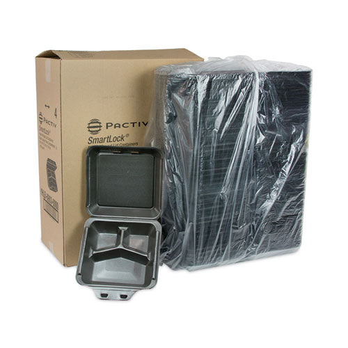 Pactiv Evergreen - SmartLock Foam Hinged Lid Container, Large, 3 Compartments, 9 x 9.5 x 3.25, Black, 150/Carton