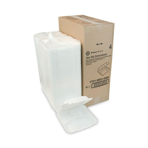 Pactiv Evergreen - Vented Foam Hinged Lid Container, Dual Tab Lock, 3 Compartments, 9.13 x 9 x 3.25, White, 150/Carton