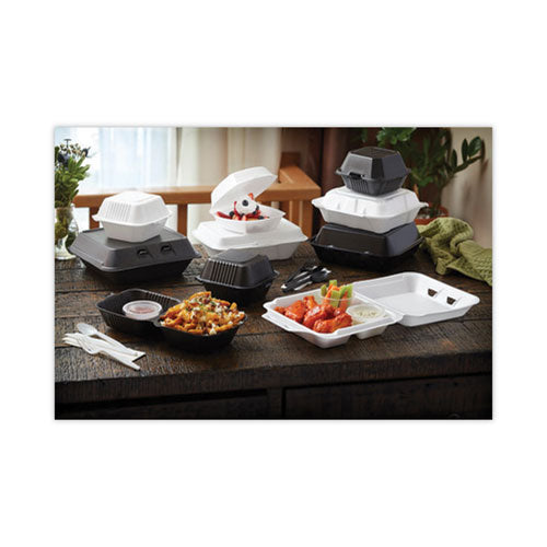 Pactiv Evergreen - Vented Foam Hinged Lid Container, Dual Tab Lock, 3 Compartments, 9.13 x 9 x 3.25, White, 150/Carton