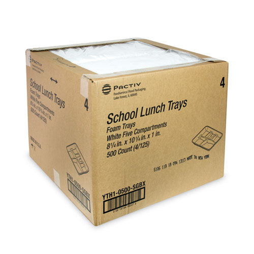 Pactiv Evergreen - Foam School Trays, 5-Compartment Tray, 8.25 x 10.5 x 1, White, 500/Carton