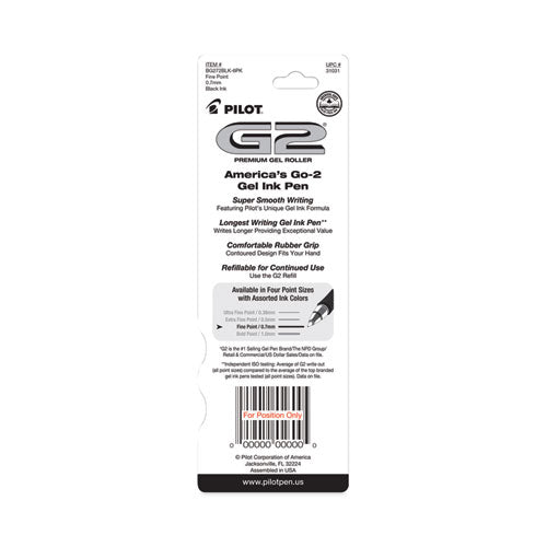 Pilot - G2 Premium Gel Pen, Retractable, Fine 0.7 mm, Black Ink, Smoke/Black Barrel, 2/Pack